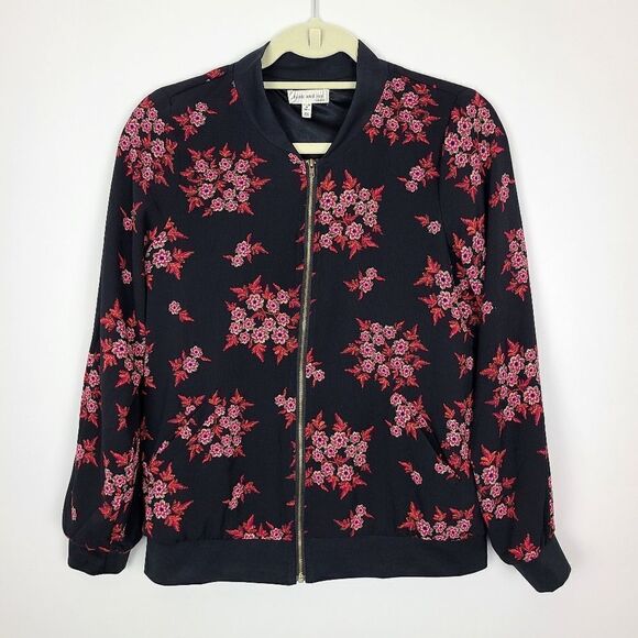 Faith and Joy Black & Pink Floral Print Bomber Jacket XS - Picture 8 of 16
